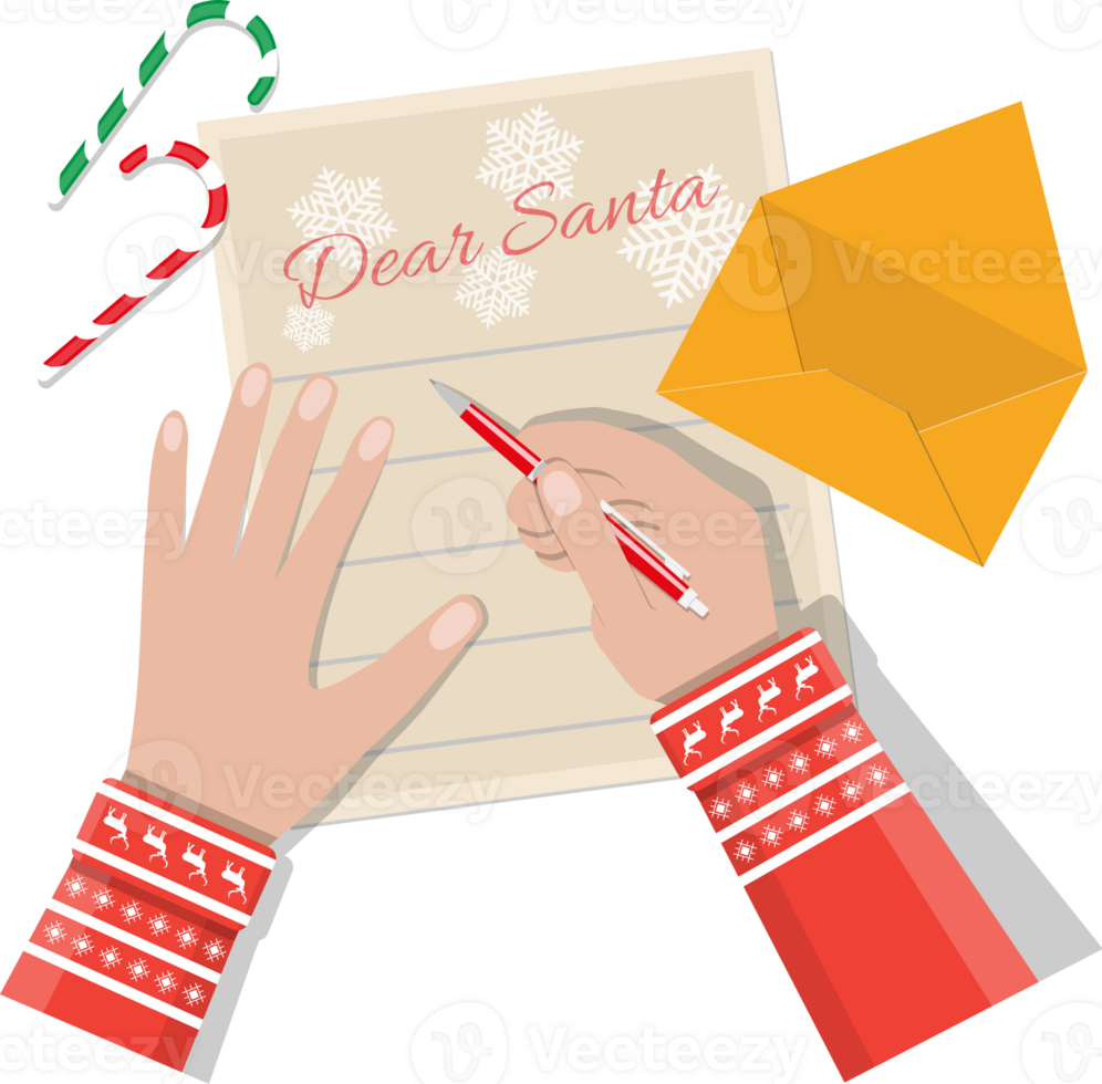 Child hand with pen writing letter to santa claus png