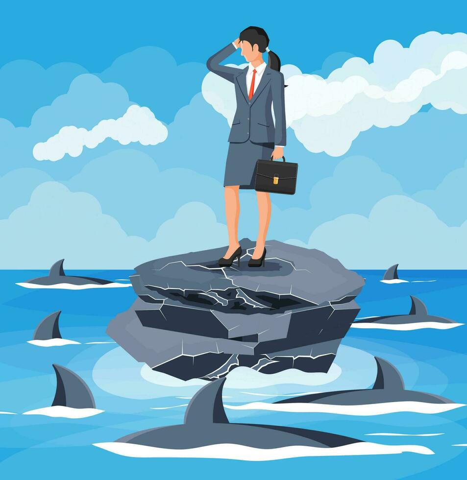 preocupado mujer de negocios en minúsculo isla en mar y rodeado por tiburones desesperado negocio mujer en contra aleta. obstáculo en trabajar, financiero crisis. riesgo administración desafío. plano vector ilustración