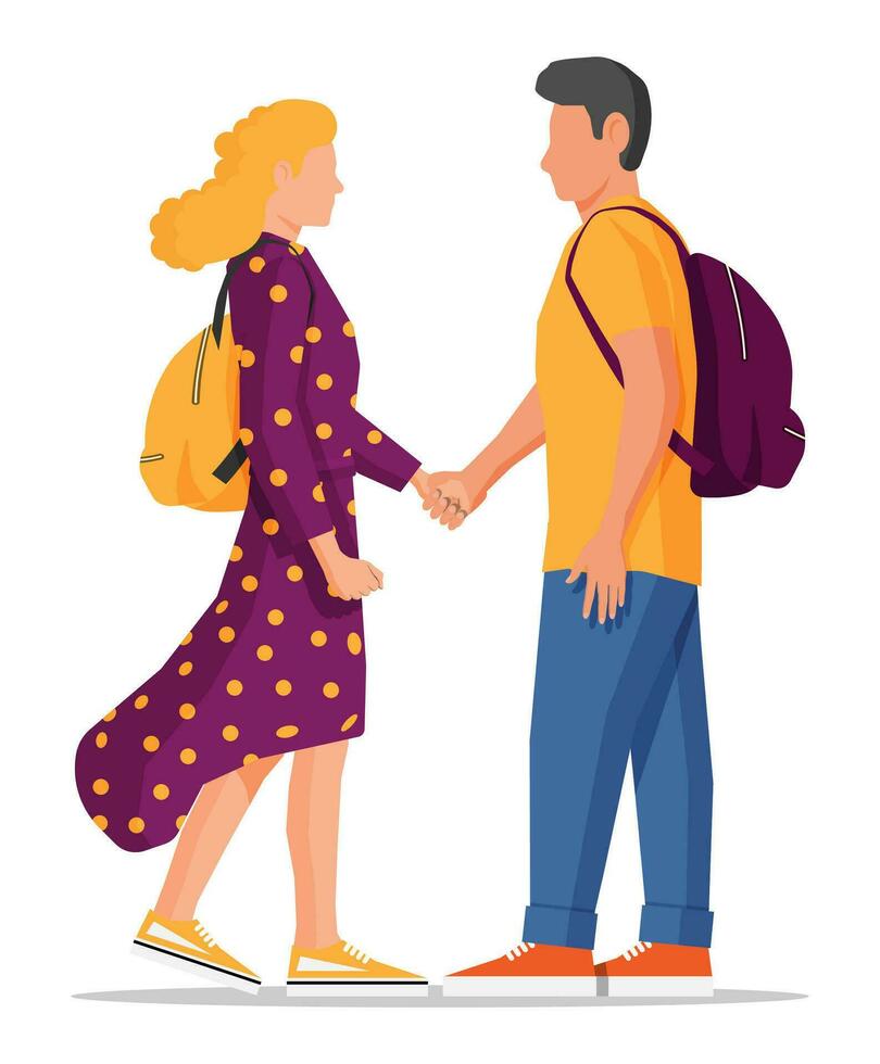 Man and woman isolated on white. Spend time together. Young heterosexual couple in love. Romance togetherness, harmony in relations. Male and female characters. Cartoon flat vector illustration
