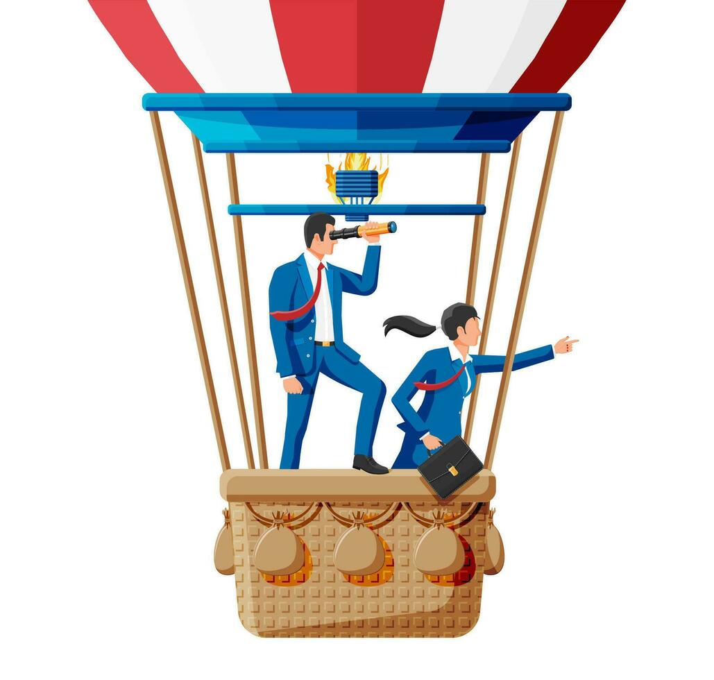 Business people on air balloon. Businessman with spyglass. Team work, collaboration. Searching business solution and strategy. Success achievement business vision career goal. Flat vector illustration