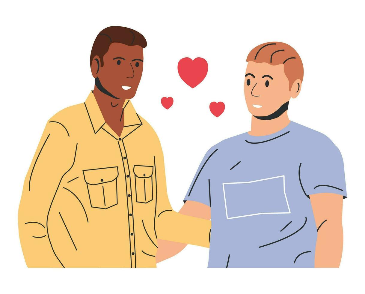 Multiethnic Gay Man Couple Isolated. Young Homosexual Couple Hugging Holding Hands. Two LGBT Male People Embrace and Looking Each Other. LGBT Pride, Gender Identity. Cartoon Flat Vector Illustration