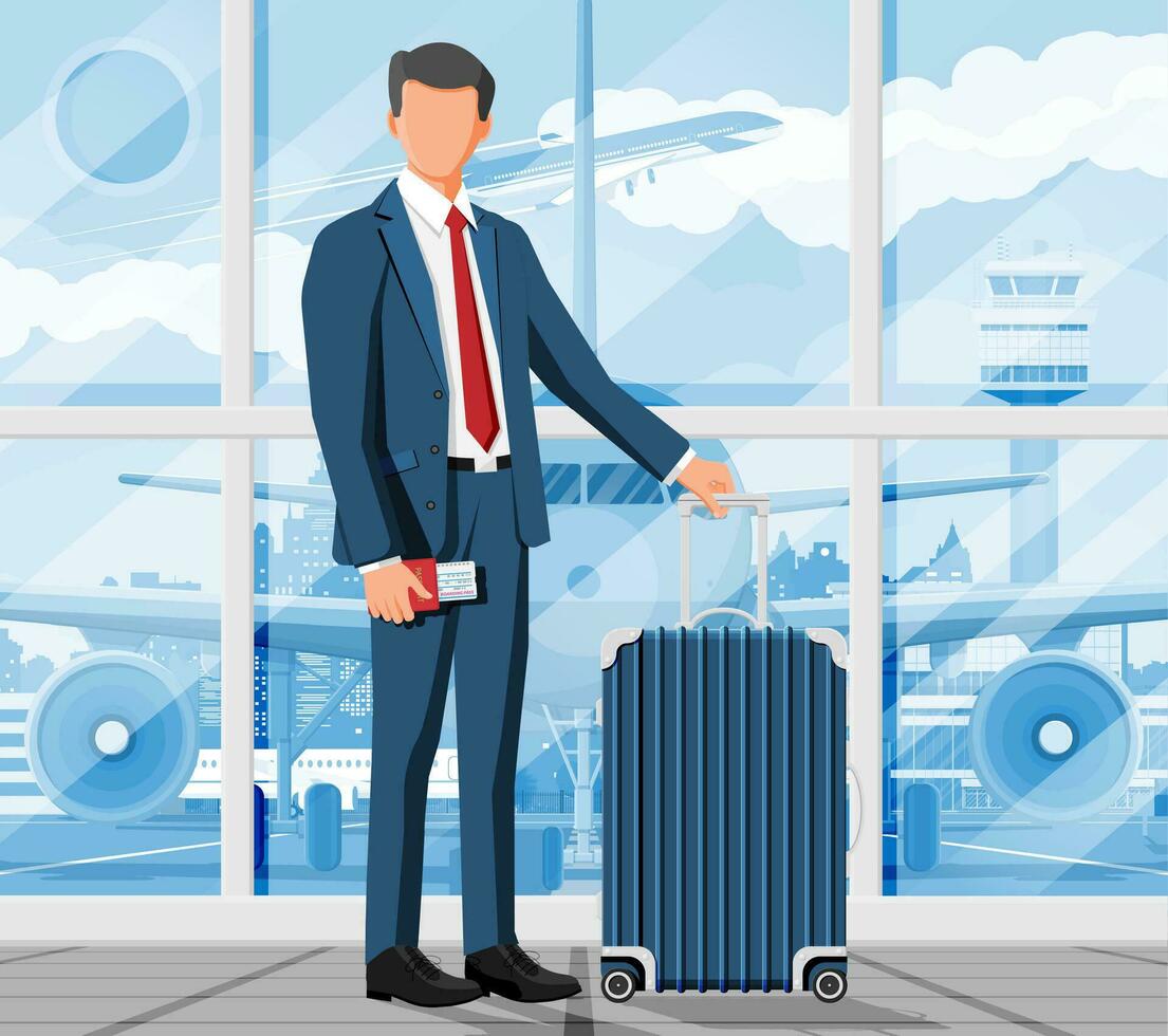 Man with Travel Bag. Tourist with Suitcase, Passport, Ticket, Boarding Pass in Airport. Businessman with Luggage. Business Man with Baggage. Business Flight Concept. Flat Vector Illustration