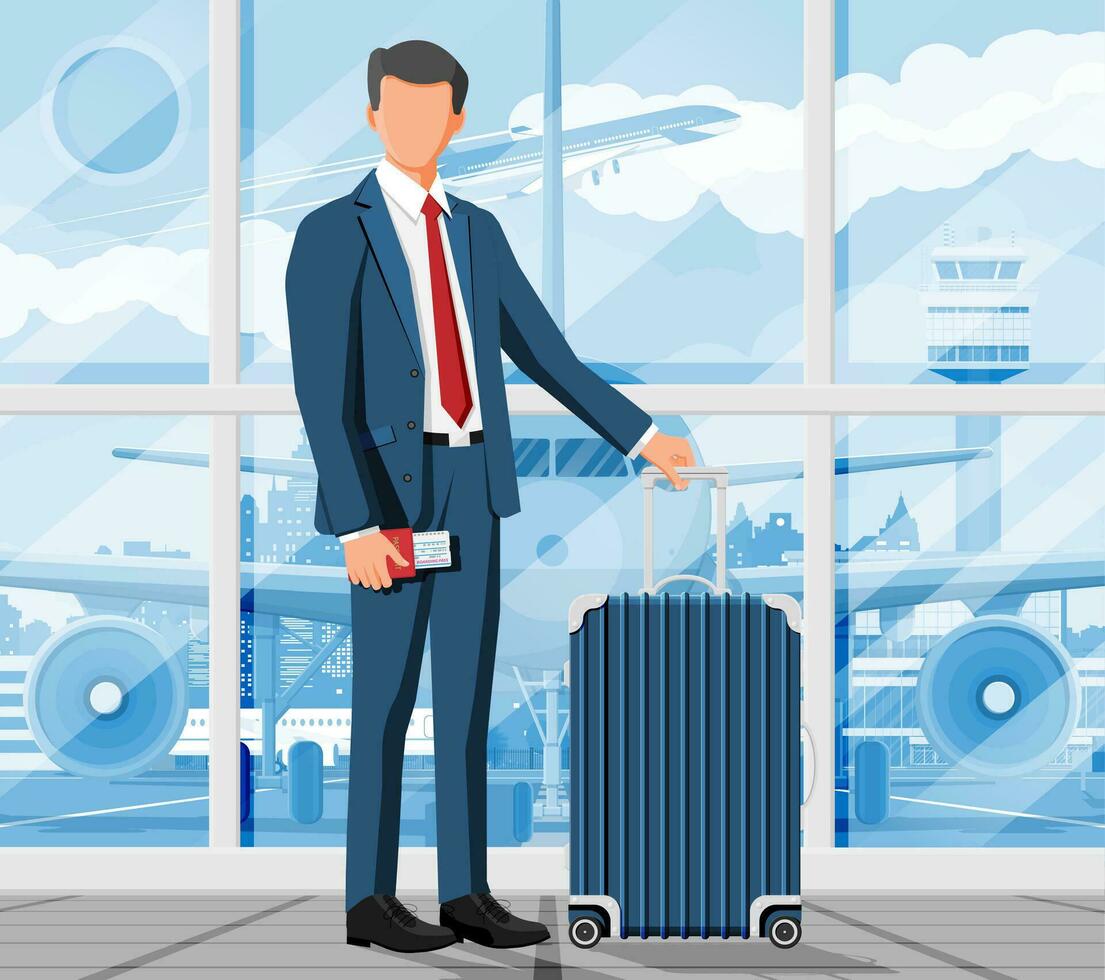 hombre con viaje bolsa. turista con maleta, pasaporte, boleto, embarque pasar en aeropuerto. empresario con equipaje. negocio hombre con equipaje. negocio vuelo concepto. plano vector ilustración