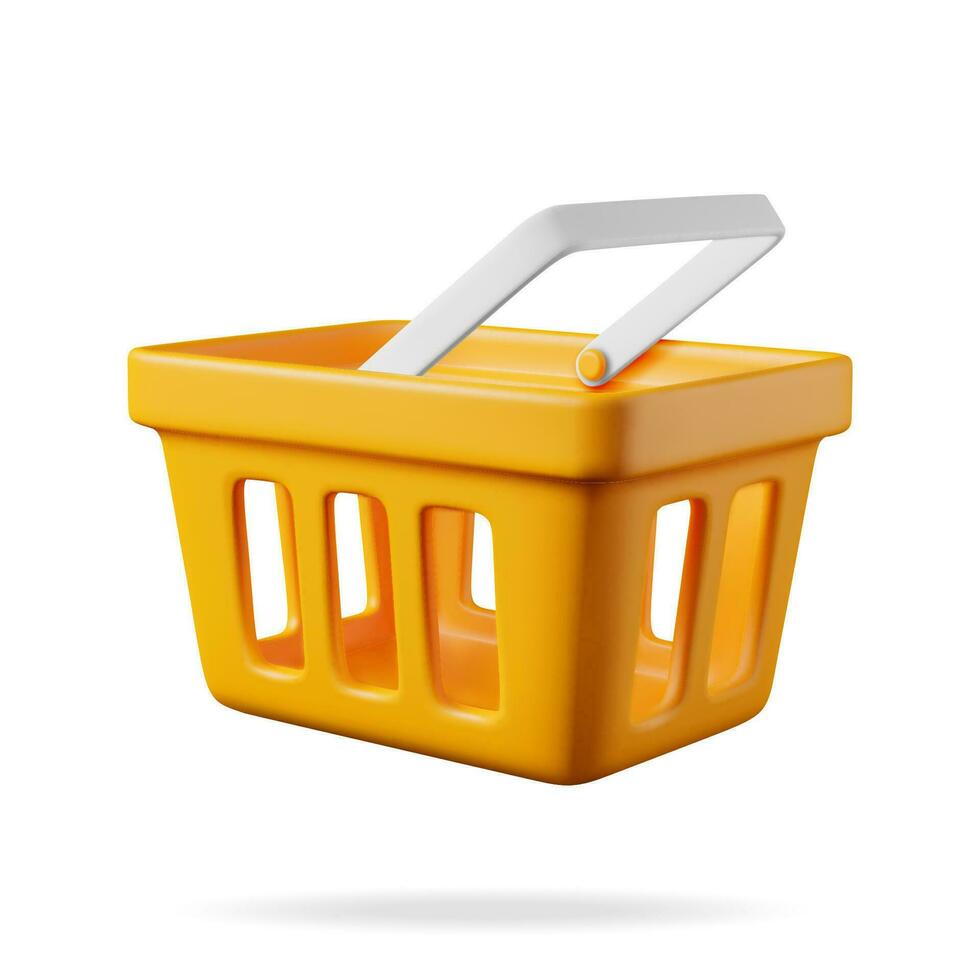 3D Orange Plastic Shopping Basket Isolated on White. Render Realistic Shopping Cart Icon. Empty Shopping Supermarket Basket Front View. Cartoon Vector Illustration