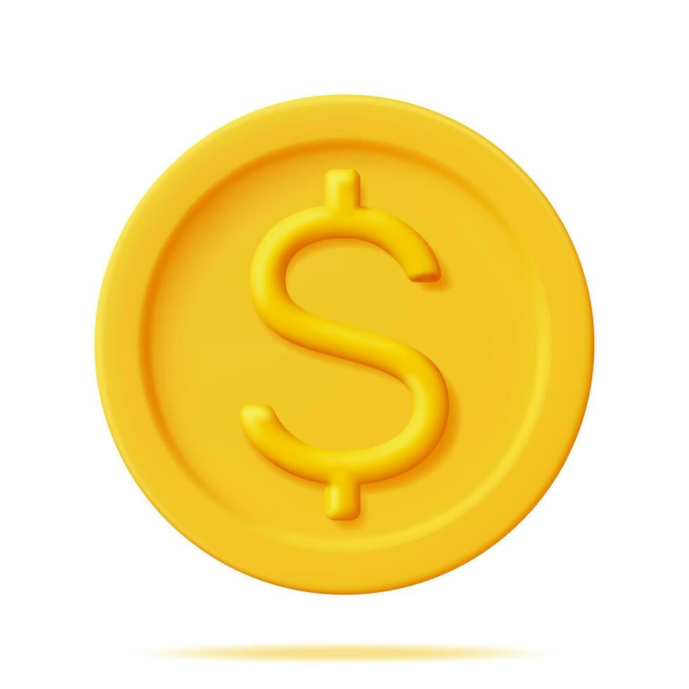 3D Gold Coin with Dollar Sign Icon Isolated. American Dollar Coin Render. Empty Golden Money Sign. Growth, Income, Savings, Investment. Symbol of Wealth. Business Success. Vector Illustration