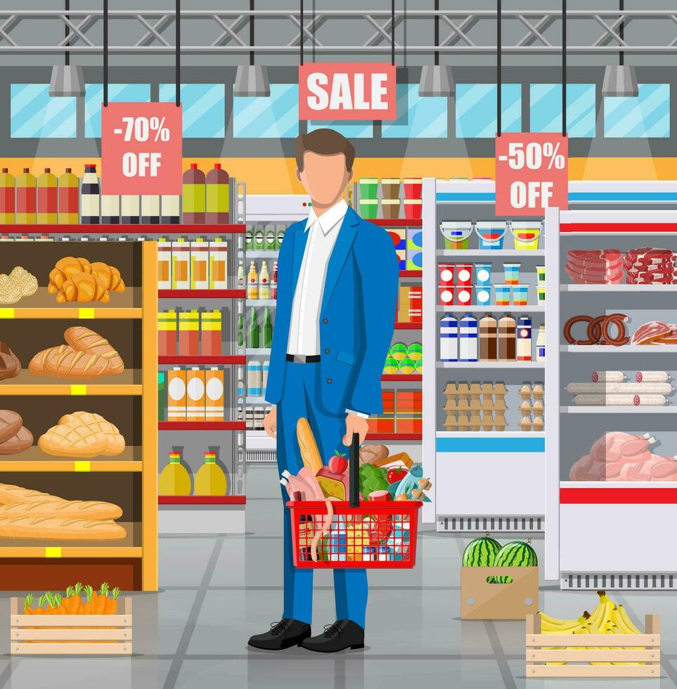 Supermarket store interior with goods. Big shopping mall. Interior store inside. Checkout counter, cash machine, grocery, drinks, food, fruits, dairy products. Vector illustration in flat style