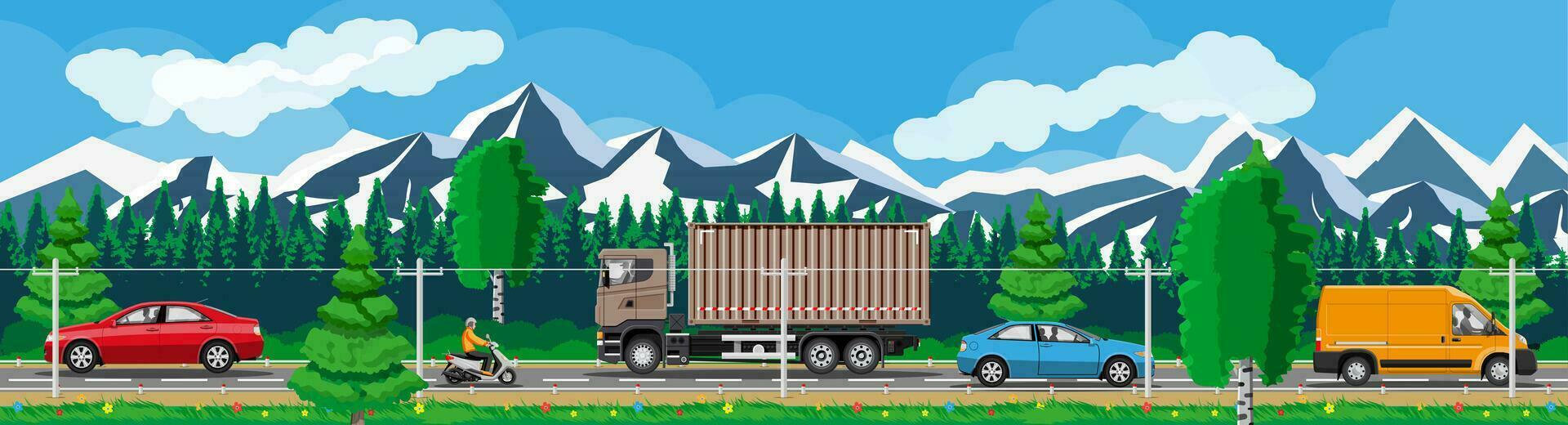 Suburb Road With Cargo Truck Trailer, Cars, Van And Motorbike. Road Over Mountains And Forest Landscape. Suburban Transportation And Cargo. Flat Vector Illustration