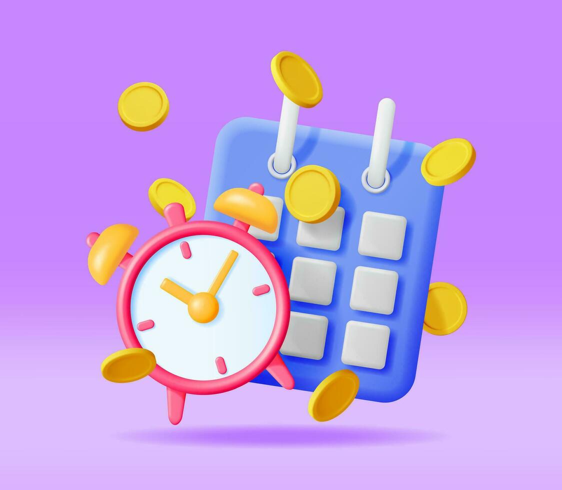 3d reloj, calendario y dorado monedas aislado. hacer hora es dinero concepto. anual ganancia, financiero inversión, ahorros, banco depósito, futuro ingreso, negocio dinero beneficio. vector ilustración