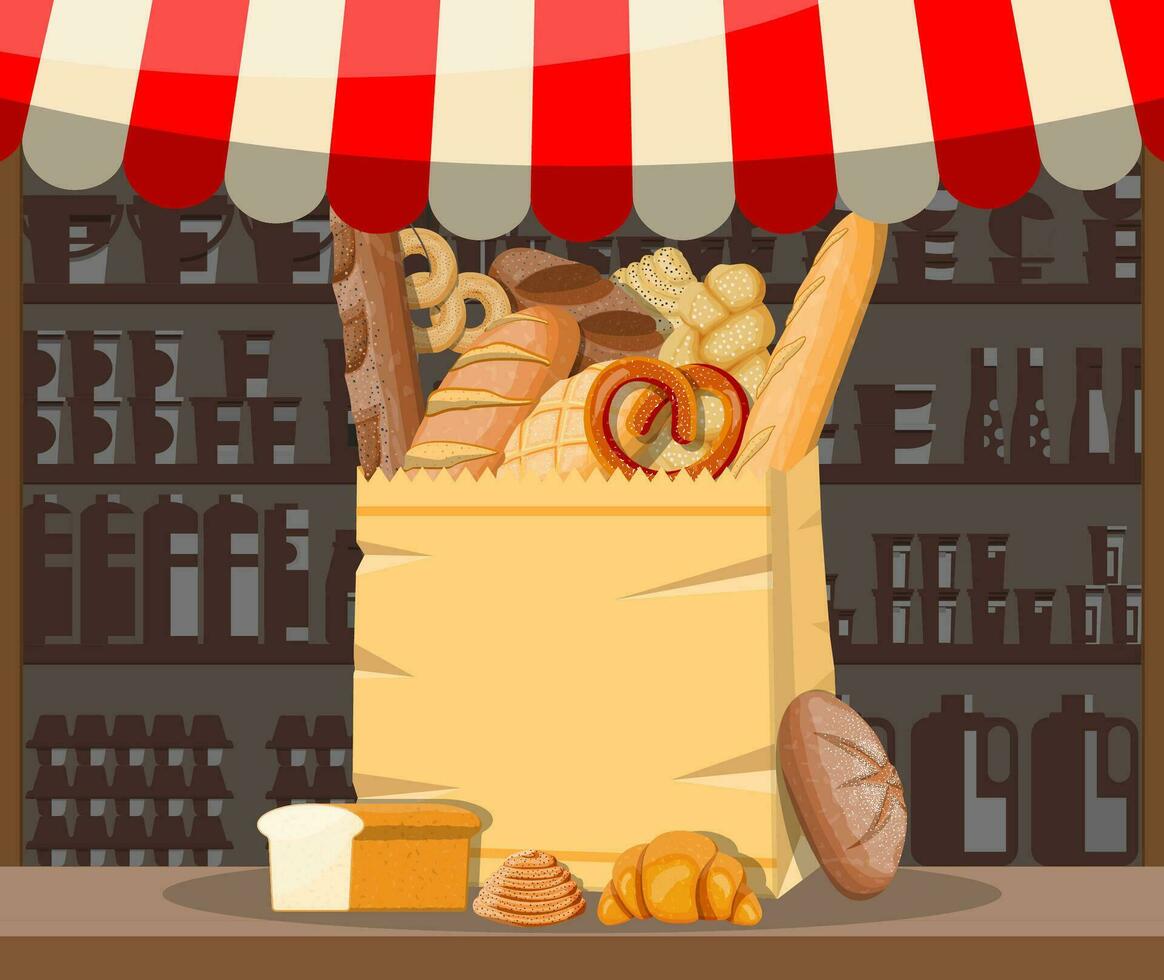 un pan productos y mercado parar. todo grano, trigo y centeno pan, tostada, galleta salada, ciabatta, cuerno, rosquilla, francés junquillo, canela bollo. vector ilustración en plano estilo