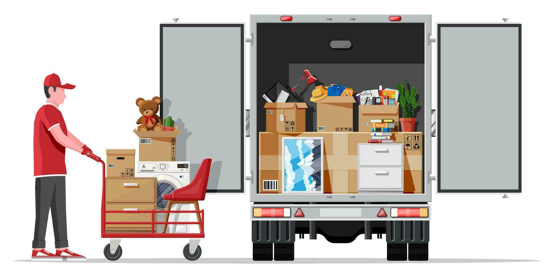 entrega camión lleno de hogar cosas adentro. Moviente a nuevo casa. familia reubicado a nuevo hogar. cajas con bienes. paquete transporte. computadora, lámpara, ropa, libros. plano vector ilustración