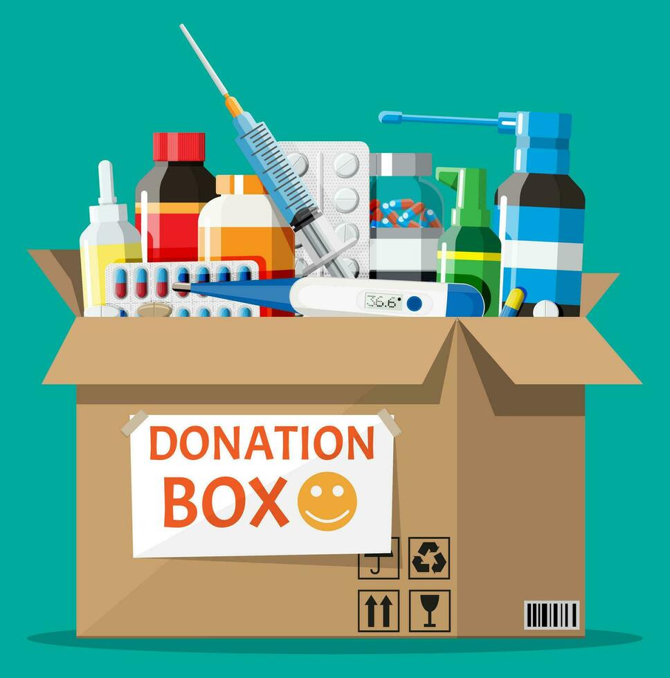 Cardboard box full of drugs. Needed items for donation. Different pills bottles, healthcare, pharmacy. Medical drug vitamin, antibiotic. Donate, charity, thanksgiving. Flat vector illustration