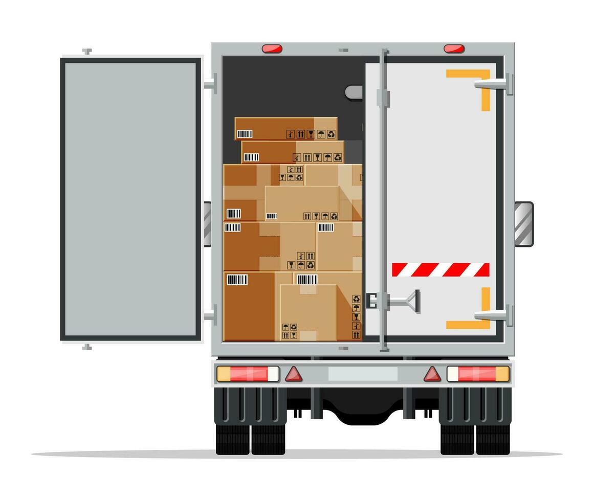 Truck trailer rear view loaded with cardboard boxes. Delivery van with pile of boxes. Express delivering services commercial truck. Fast and free delivery. Cargo logistic. Flat vector illustration