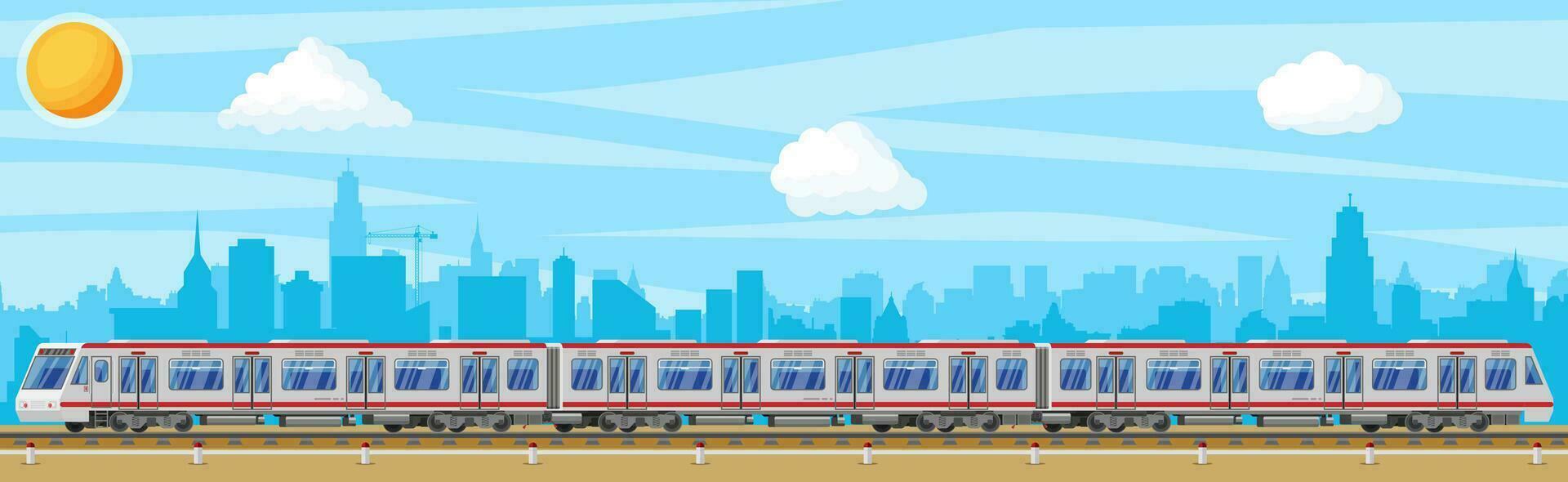 High Speed Train and Landscape With Cityscape. Super Streamlined Train. Passenger Express Railway Locomotive. Railroad Public Transportation. Rapid Transport Subway. Flat Vector Illustration