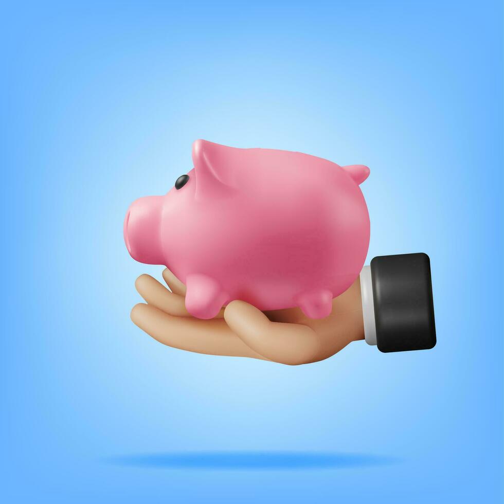 3d cerdito banco en manos aislado. hacer rosado cerdito banco en brazos. concepto de proteger dinero desde inflación. financiero riesgo garantía. dinero ahorros, proteccion y seguro. vector ilustración