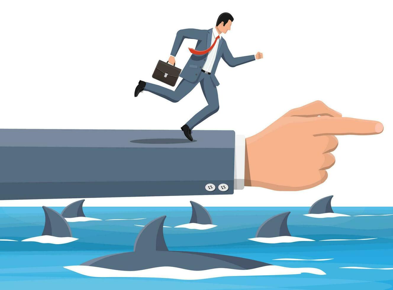 Businessman running on hand over shark in water. Business man in suit jump between gap. Obstacle on road, financial crisis. Team work, cooperation. Risk management challenge. Flat vector illustration