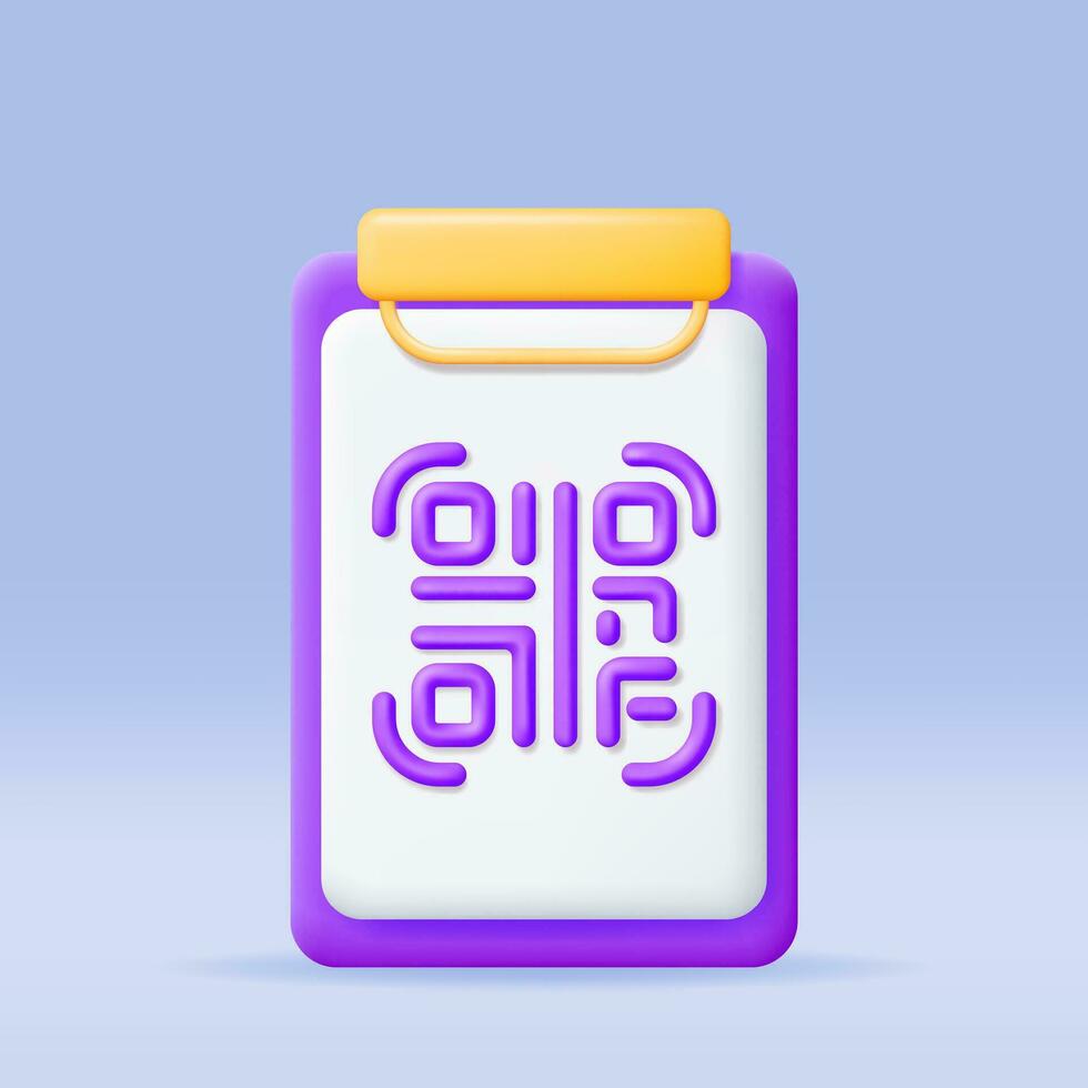 3d QR Code Icon in Clipboard. Render Modern QR Code Symbol. Concept of
