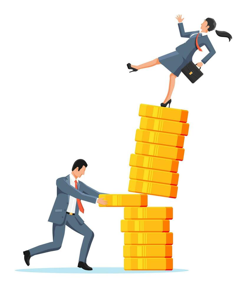 Man tries to pull coin out of coin stack with businesswoman. Concept of economy problem or financial crisis, recession, inflation, bankruptcy, income lost, loss of capital. Flat vector illustration