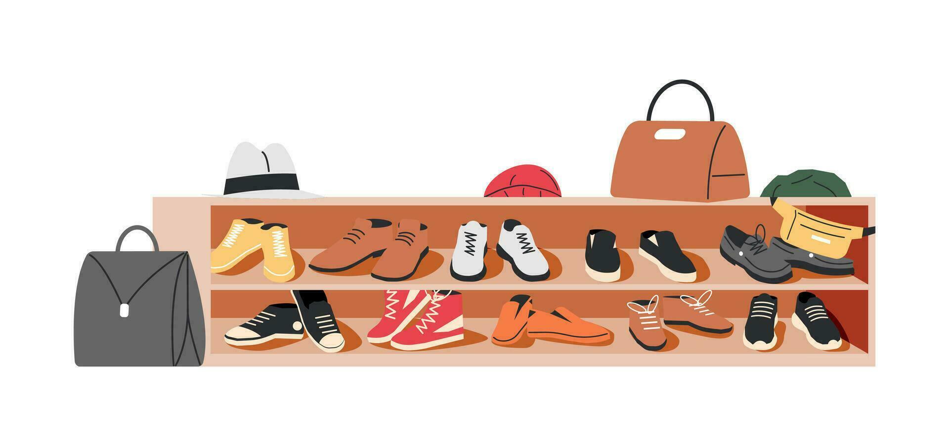Hallway Seat Cabinet With Shoes Isolated. Foyer Entrance Seat with Footwear, Bags and Hats. Men and Woman Footwear Collection. Different Male and Female Accessories. Cartoon Flat Vector Illustration