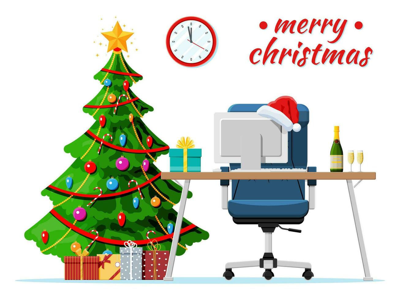 Christmas and New Year Office Desk Workspace Interior. Gift Box, Christmas Tree, Chair, Computer PC, Clocks. New Year Decoration. Merry Christmas Holiday Xmas Celebration. Vector illustration