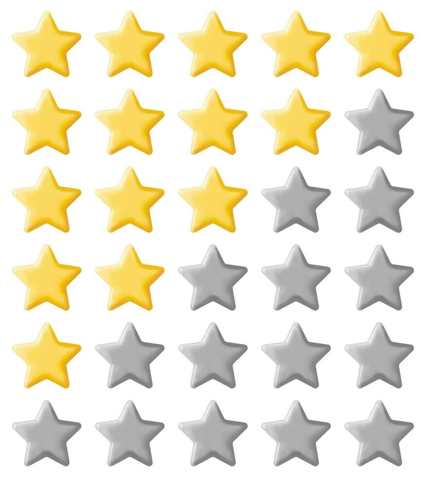 3D Glossy Yellow Five Stars Rating Isolated. Reviews Five Star Realistic Render. Testimonials, Rating, Feedback, Survey, Quality and Review. Achievements or Goal. Vector Illustration