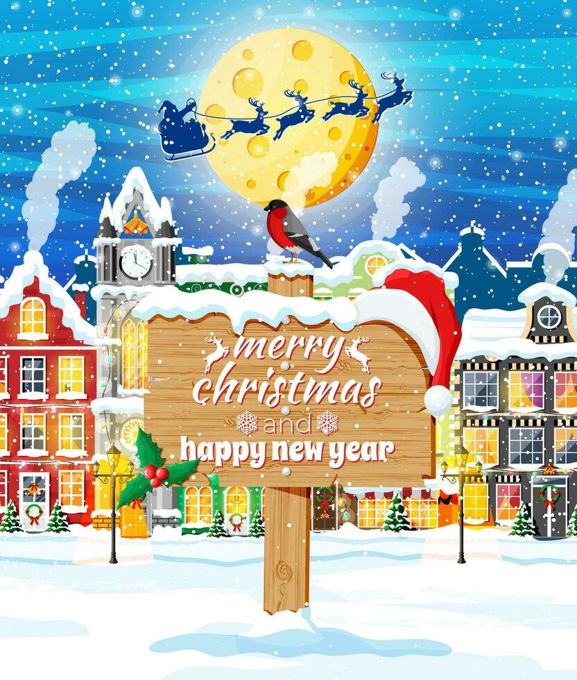 Christmas Card with Urban Landscape and Snowfall. Cityscape with Colorful Houses with Snow in Night. Winter Village, Cozy Town City Panorama. New Year Christmas Xmas Banner. Flat Vector Illustration