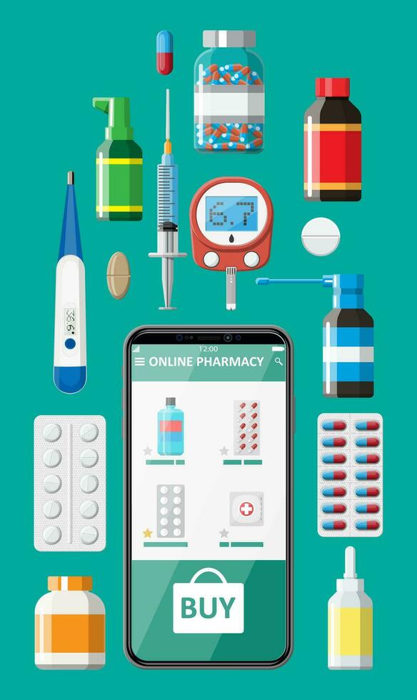 Mobile phone with internet pharmacy shopping app. Set of pills drugs. Medical assistance, help, support online. Health care application on smartphone. Vector illustration in flat style