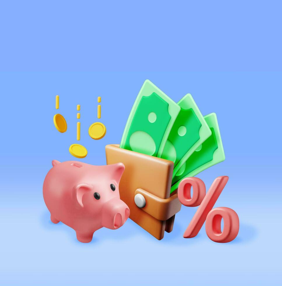 3D Piggy Bank with Coins and Wallet Isolated. Render Plastic Piggy Bank for Money. Moneybox in Form of Pig. Concept of Cash Money, Business Deposit Investment, Financial Savings. Vector Illustration