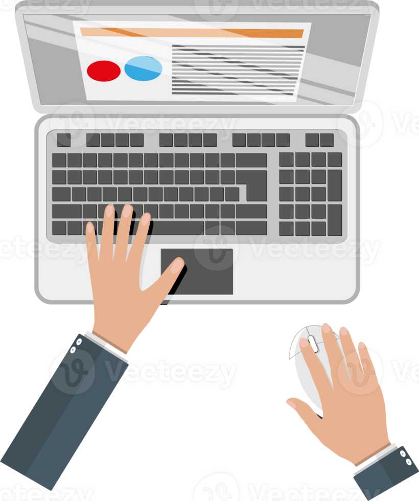 Hands working at laptop with wireless mouse png