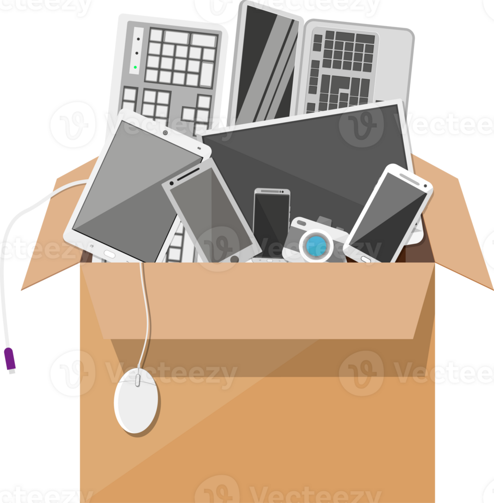Various modern devices in cardboard box png