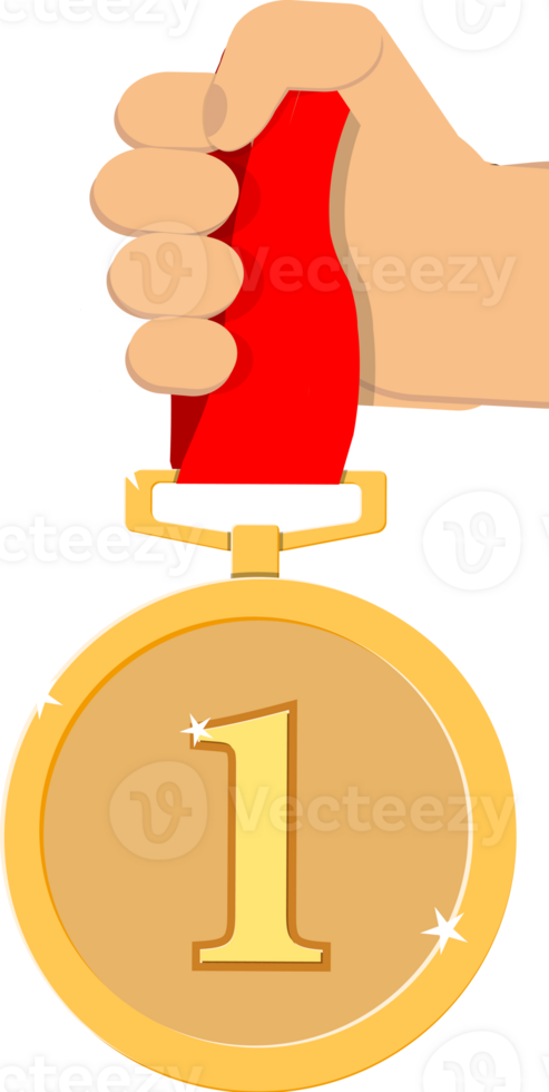 Hand holding golden medal png