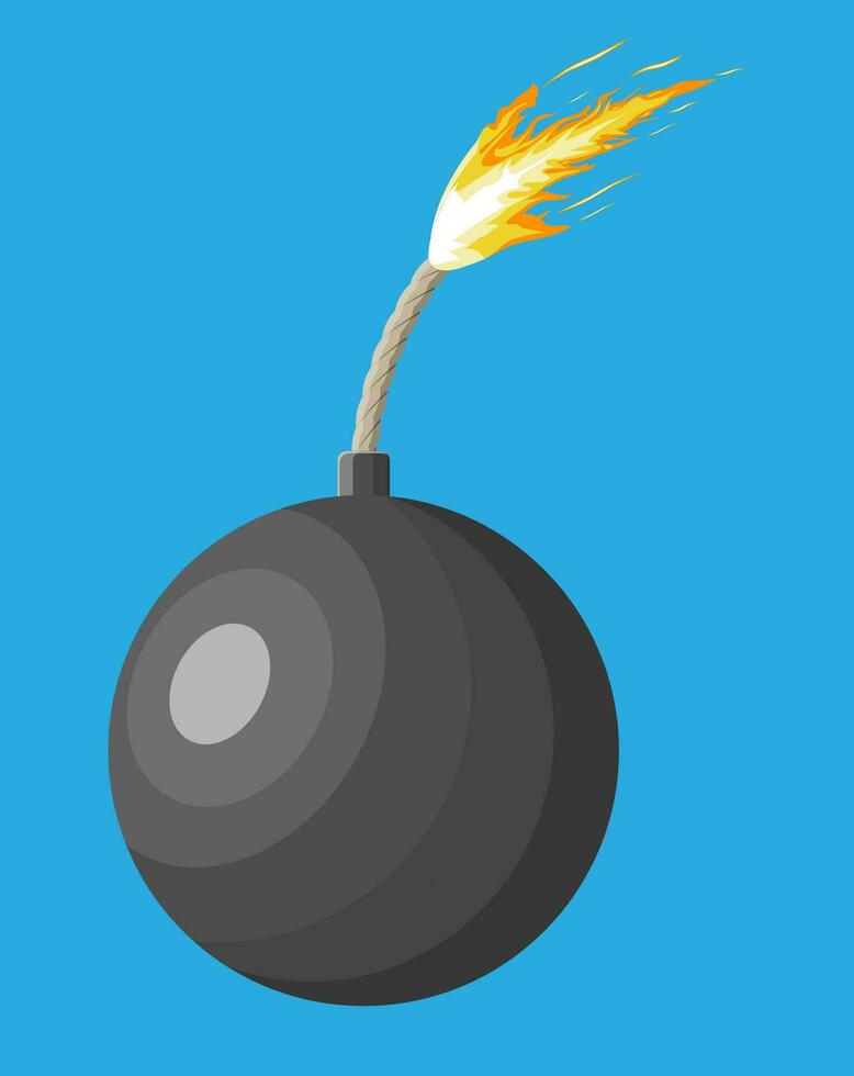 Black ball bomb about to explode. Metal circle bomb with burning wick about to blast. Vector illustration in flat style