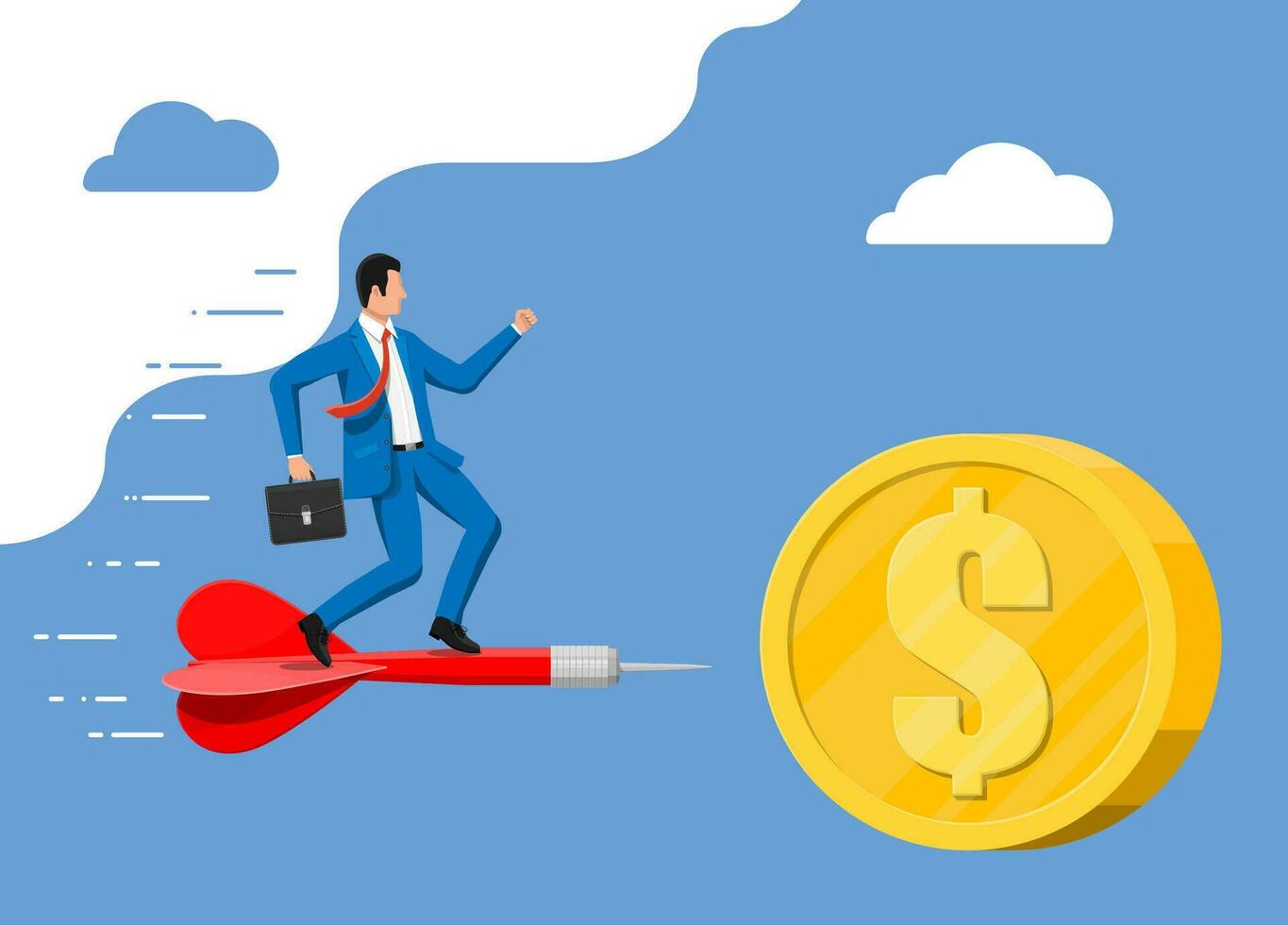 Businessman on aart arrow in dollar coin target. Goal setting. Smart goal. Business target concept. Achievement and success. Vector illustration in flat style
