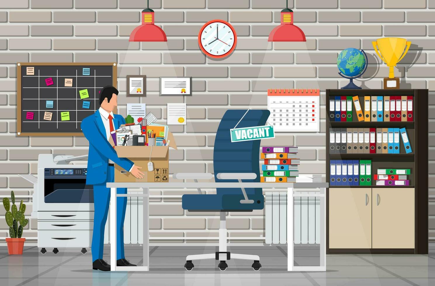 Office desk chair, sign vacancy. Employee with box with office goods. Hiring and recruiting. Human resources management, searching professional staff work. Found right resume. Flat vector illustration