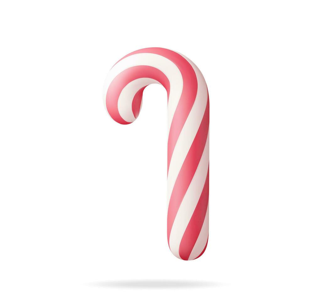 3D Realistic Candy Cane Isolated. Render Christmas Candy. Lollipop Stick Sweetness Candycane. Happy New Year Decoration. Merry Christmas Holiday. New Year and Xmas Celebration. Vector Illustration