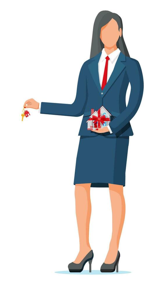 Businesswoman holding house building and key. Real estate agent or realtor in suit. Countryside wooden house. Mortgage, property and investment. Buy sell or rent realty. Flat vector illustration
