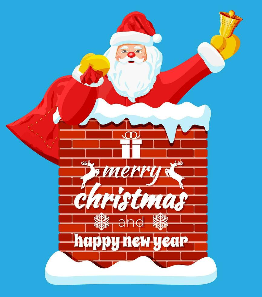 Santa claus stuck in chimney. Rooftop chimney with santa isolated. Happy new year decoration. Merry christmas holiday. New year and xmas celebration. Flat vector illustration