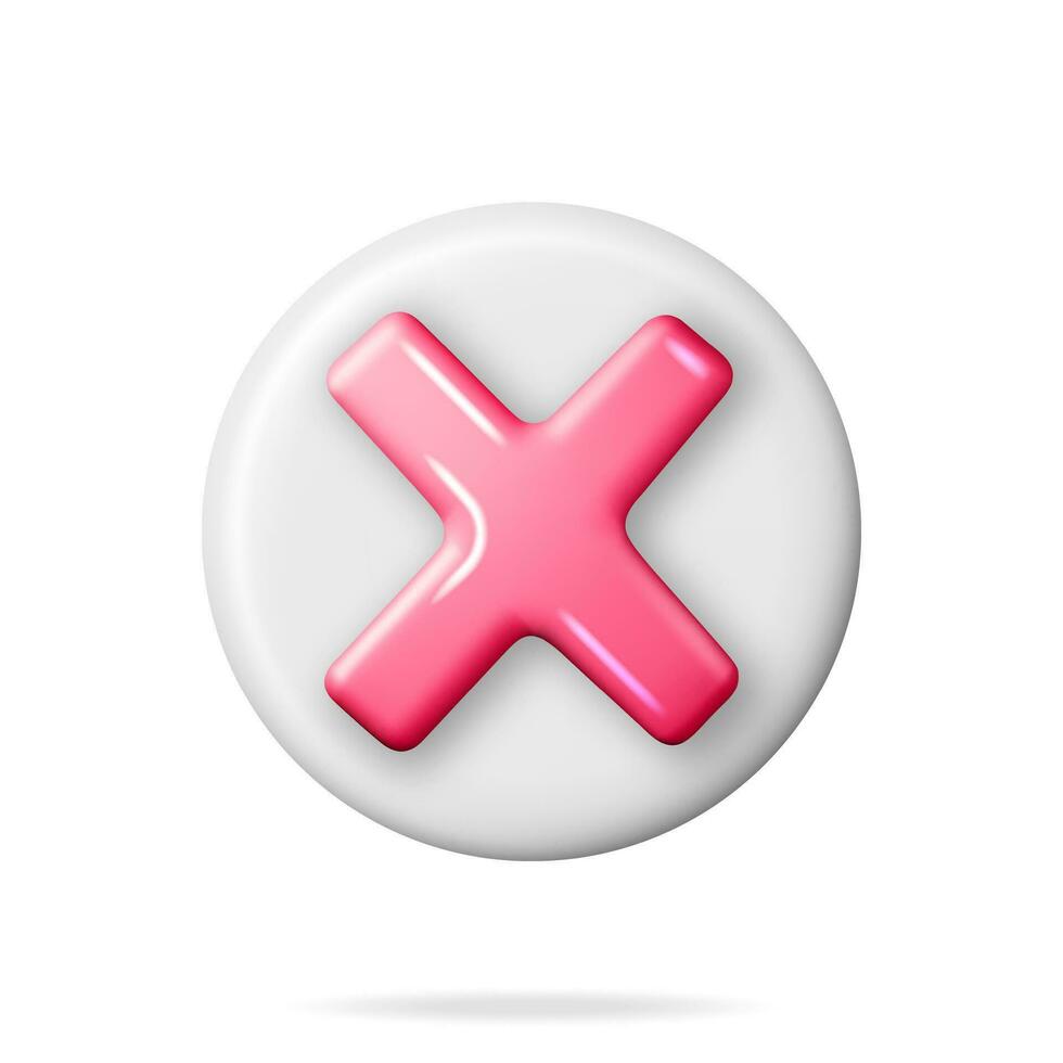3D Wrong Button in Round Shape. Red No or Incorrect Sign Render. Red Checkmark Tick Represents Rejection. Wrong Choice Concept. Cancel, Error, Stop, Disapprove or Negative Symbol. Vector Illustration