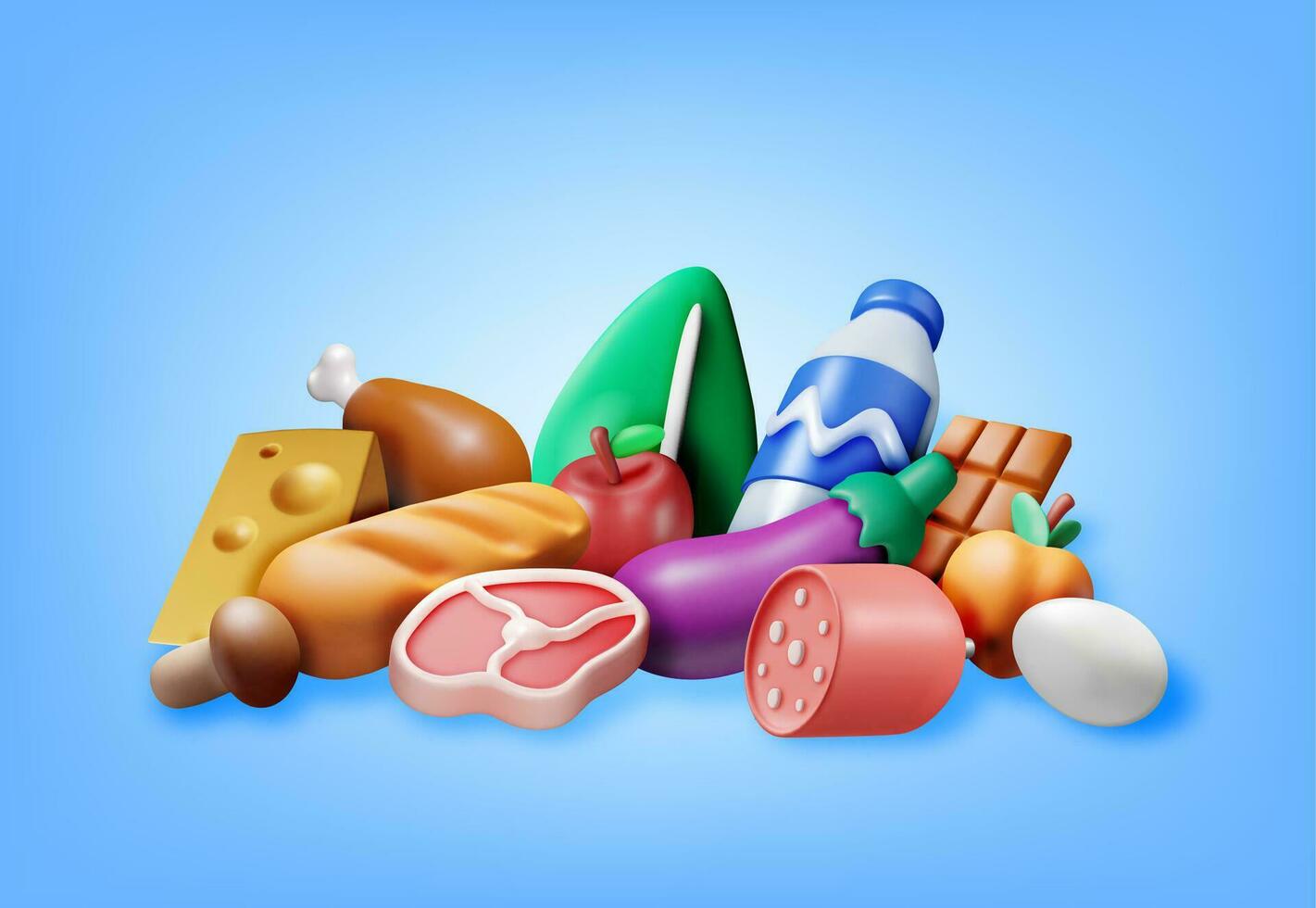 3D Collection of Fresh Products. Render Grocery Store Set Supermarket. Food and Drinks. Milk, Vegetables, Meat Chicken, Cheese, Sausage, Salad, Bread, Chocolate and Egg. Vector illustration