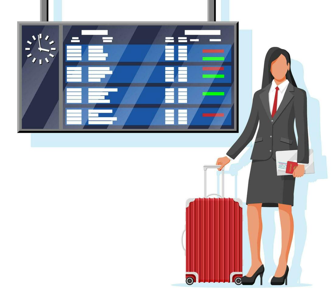 Woman With Travel Bag. Tourist With Suitcase, Passport, Ticket, Boarding Pass In Airport. Businesswoman With Luggage, Arrival Timetable Isolated. Business Woman With Baggage. Flat Vector Illustration