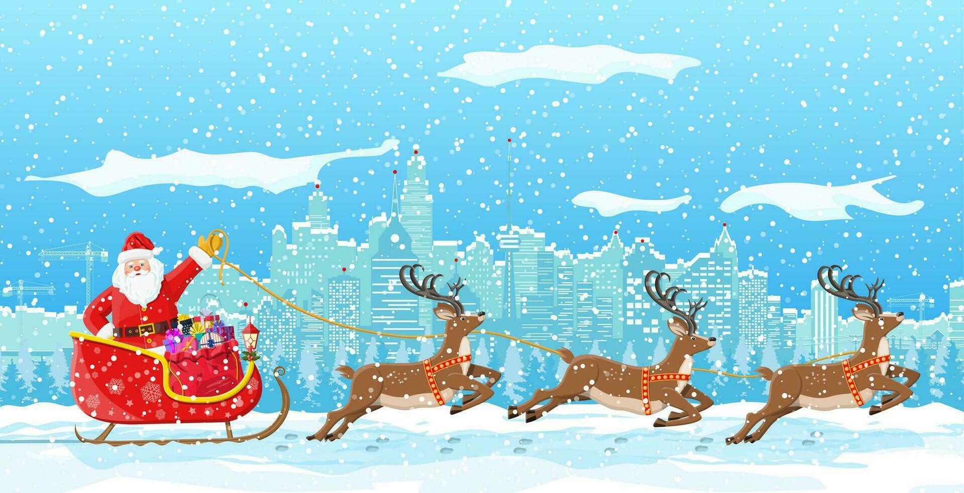 Santa claus rides reindeer sleigh. Christmas winter cityscape, snowflakes and trees. Happy new year decoration. Merry christmas holiday. New year and xmas celebration. Vector illustration flat style