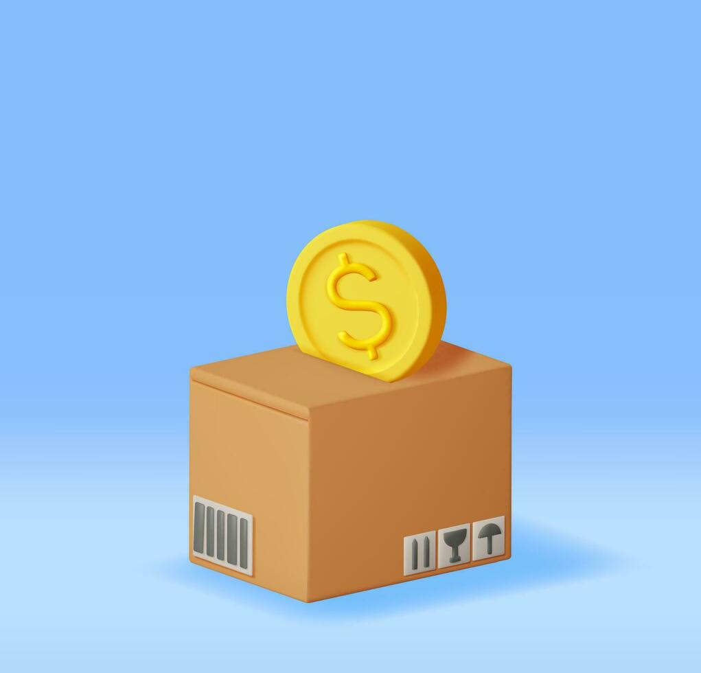 3D Cardboard Box with Gold Coins Inside Isolated. Open Carton Package with Cash Money. Donate Money, Charity, Save Money Concept. Cargo, Delivery and Transportation. Vector Illustration