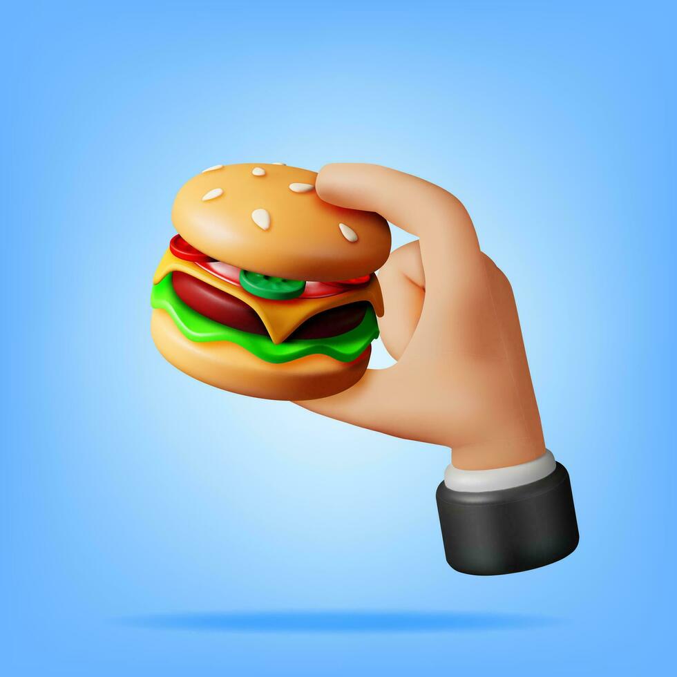 3D Tasty Burger in Hands Isolated. Render Burger Icon with Salted Cucumber, Salad, Tomato, Cheese, Sauce, Bun with Sesame Seeds and Beef Cutlet. Cheeseburger Fast Food. Realistic Vector Illustration.