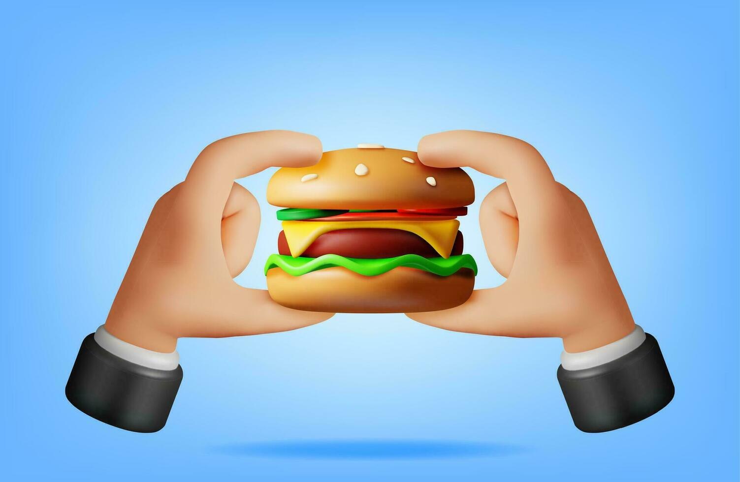 3d sabroso hamburguesa en manos aislado. hacer hamburguesa icono con salado pepino, ensalada, tomate, queso, salsa, bollo con sésamo semillas y carne de vaca chuleta. hamburguesa con queso rápido alimento. realista vector ilustración.