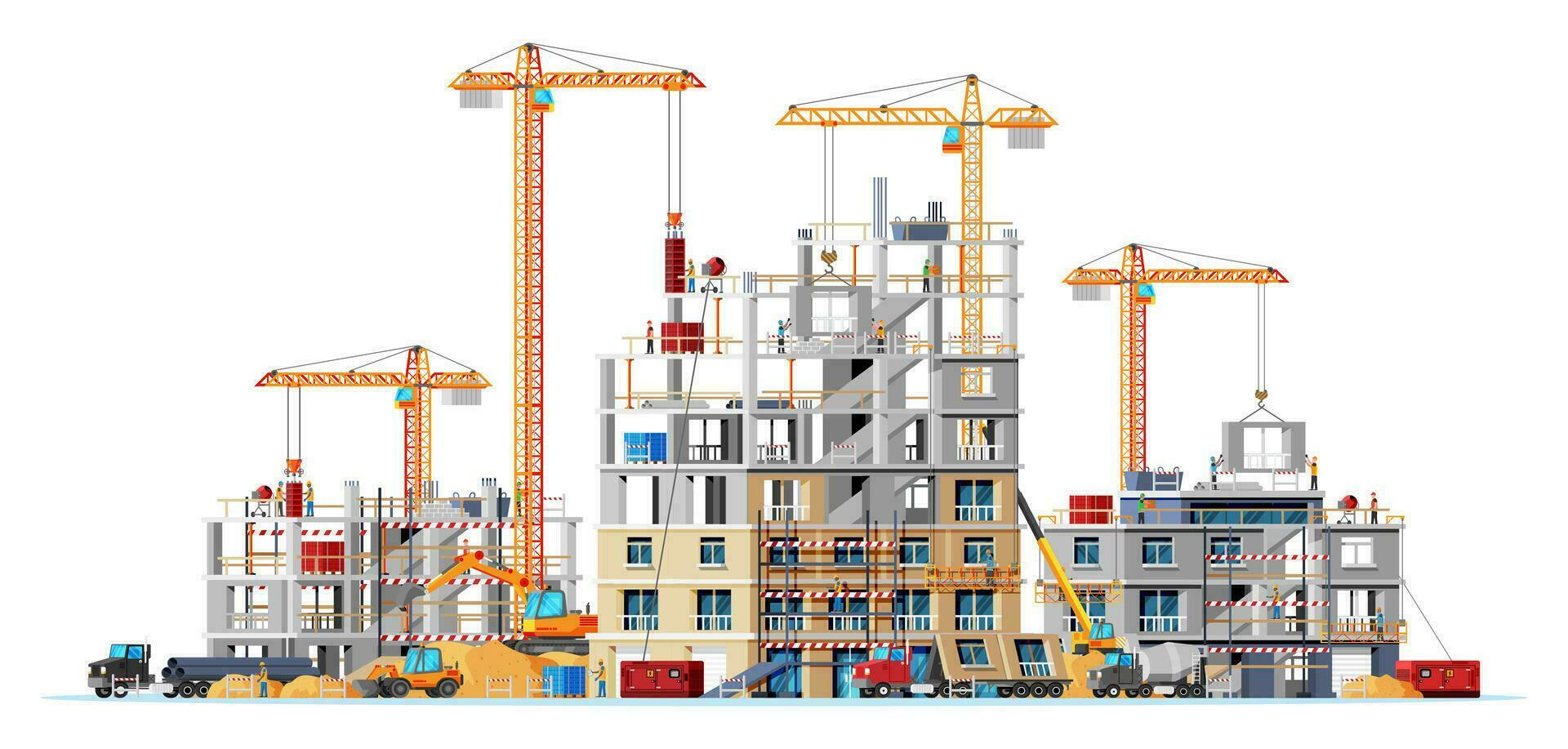 Construction Site Banner. Truck car, Workers, Concrete Piles, Tower Crane. Under Construction Design Background. Building Materials and Equipment. Cartoon Flat Vector Illustration