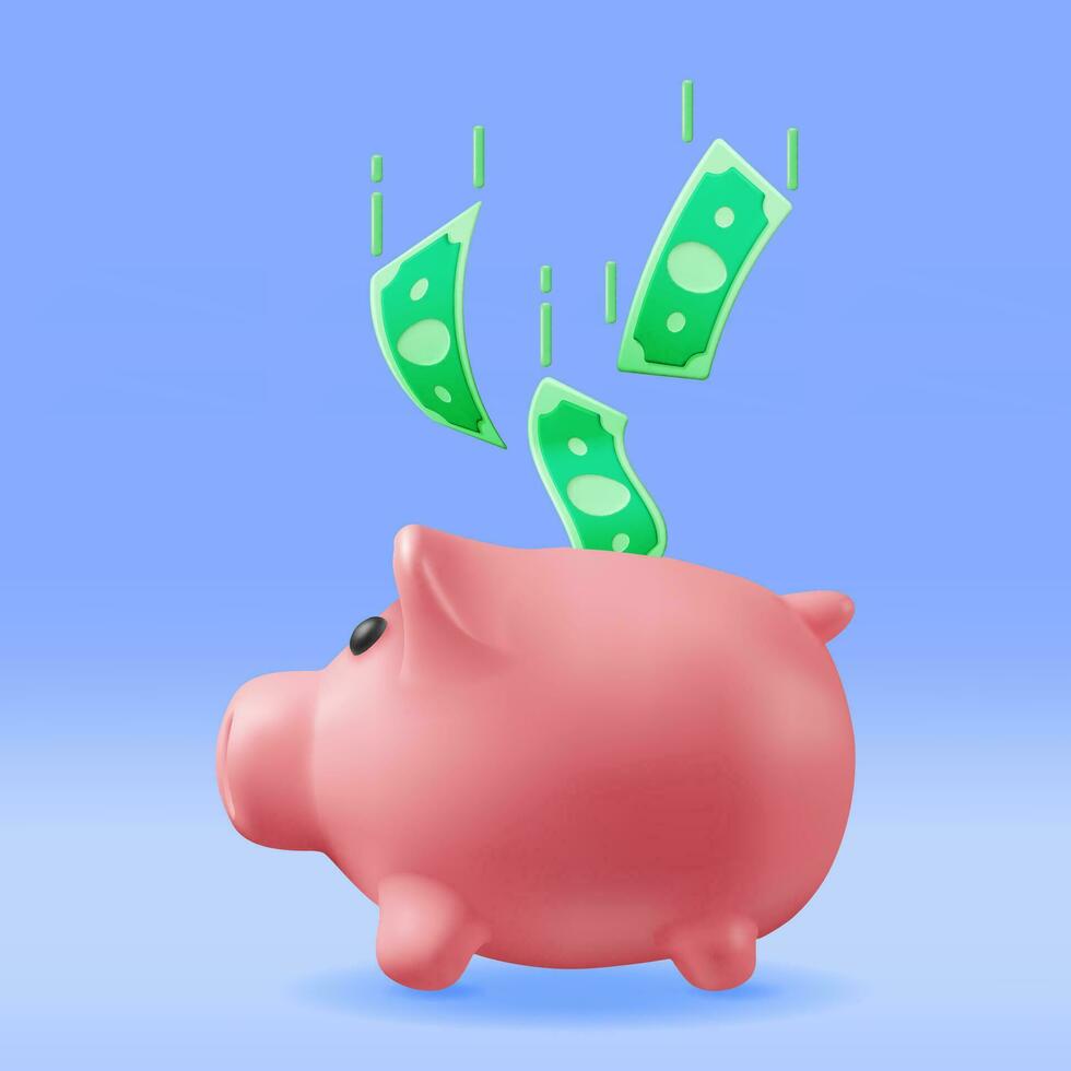 3D Piggy Bank with Dollars Isolated. Render Plastic Piggy Bank for Money. Moneybox in Form of Pig. Concept of Cash Money, Business Deposit Investment, Financial Savings. Vector Illustration