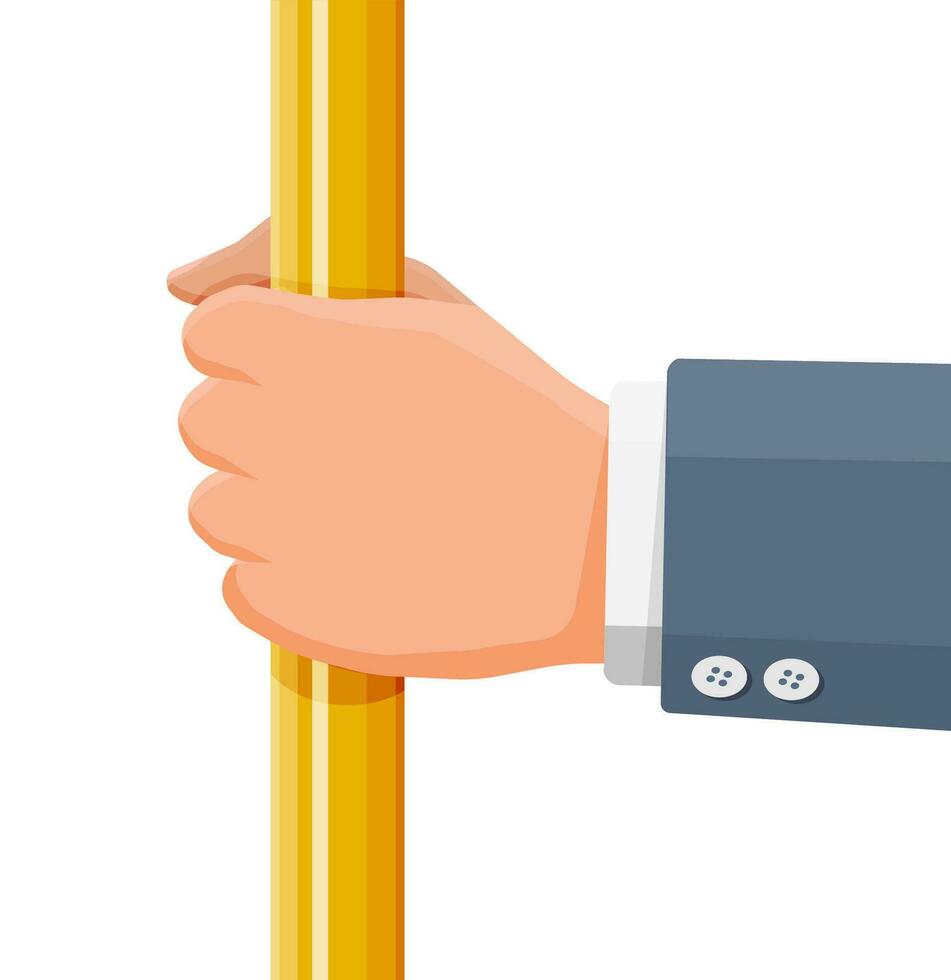 Hand holding the handrail in transport. Handles for safety transportations of passengers in bus, metro, train. Straight yellow handle and hand isolated on white. Cartoon flat vector illustration
