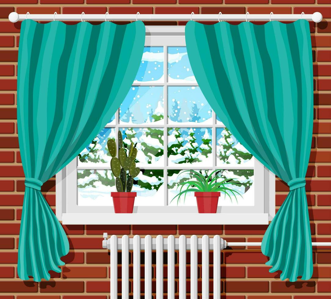 Winter window with green curtains, view from the room. Home plant on the sill. Warm cozy interior. Christmas landscape, hills, snow, spruce forest and falling snow. Cartoon flat vector illustration.