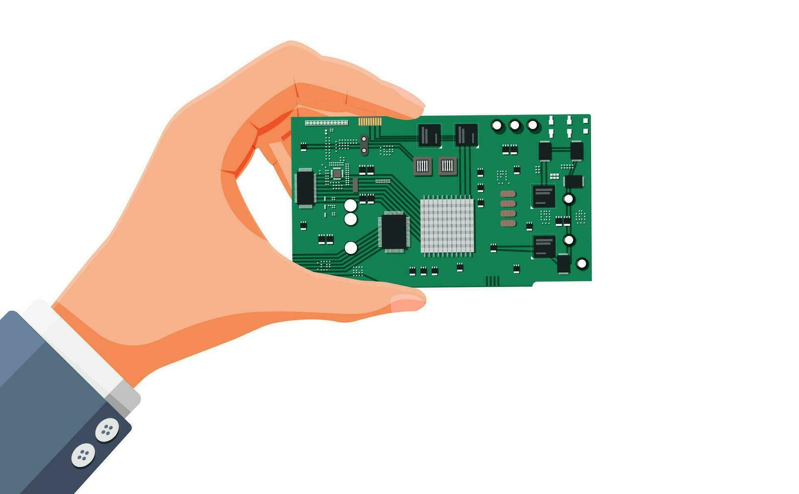 Computer Processor Chip in Hand. PC Hardware. Components for Personal Computer. CPU Icon. High Tech Microprocessor. Chip Device in Hand. Cartoon Flat Vector Illustration