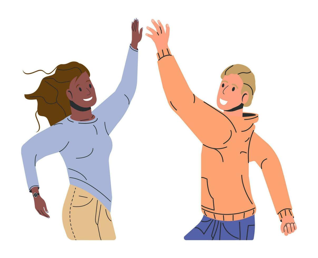 contento hombre y mujer saltando aislado. masculino y hembra caracteres. joven Pareja alegrarse. personas celebrando cumpleaños o fiesta personas vistiendo en de moda casual ropa. dibujos animados plano vector ilustración