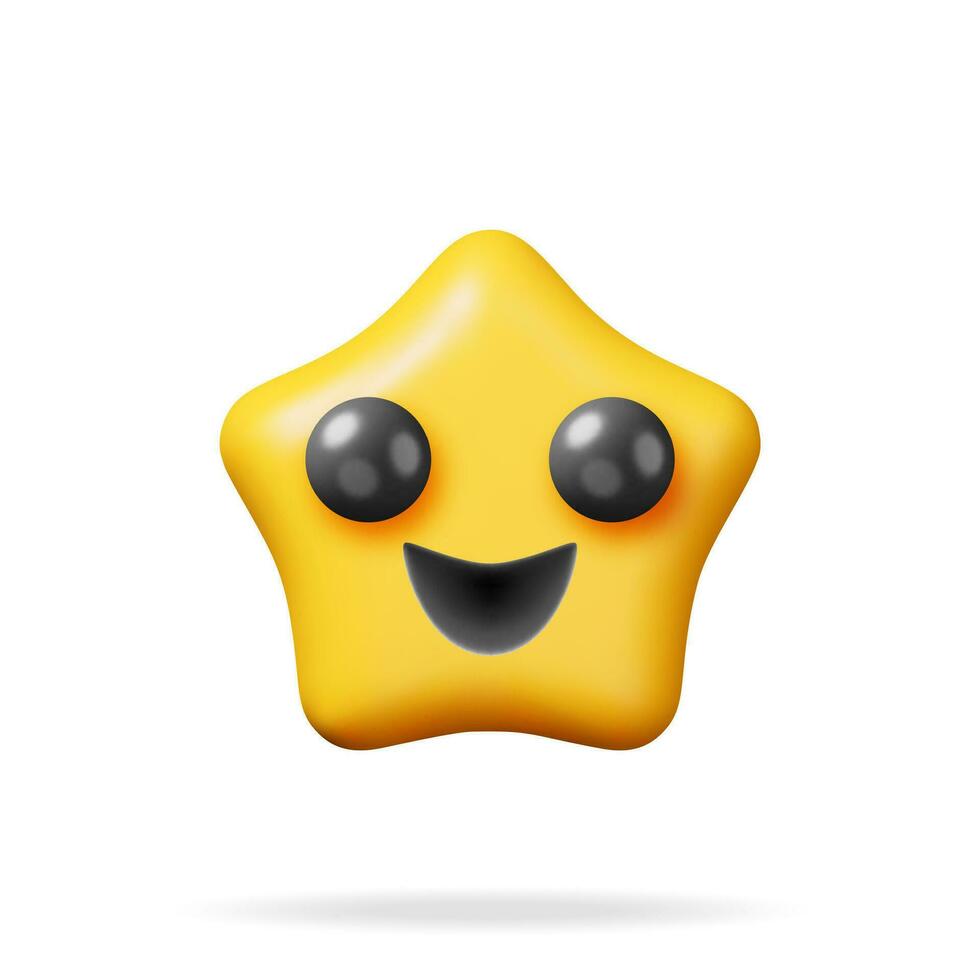 3D Yellow Excited Starry Eyed Emoticon Isolated. Render Laughing Star Emoji. Happy Face LOL. Communication, Web, Social Network Media, App Button. Realistic Vector Illustration